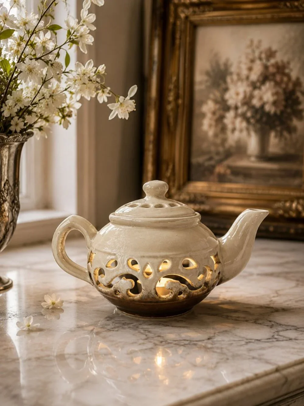 Vintage Ornate Pierced Ivory Candle Tea Light HolderTeapot
